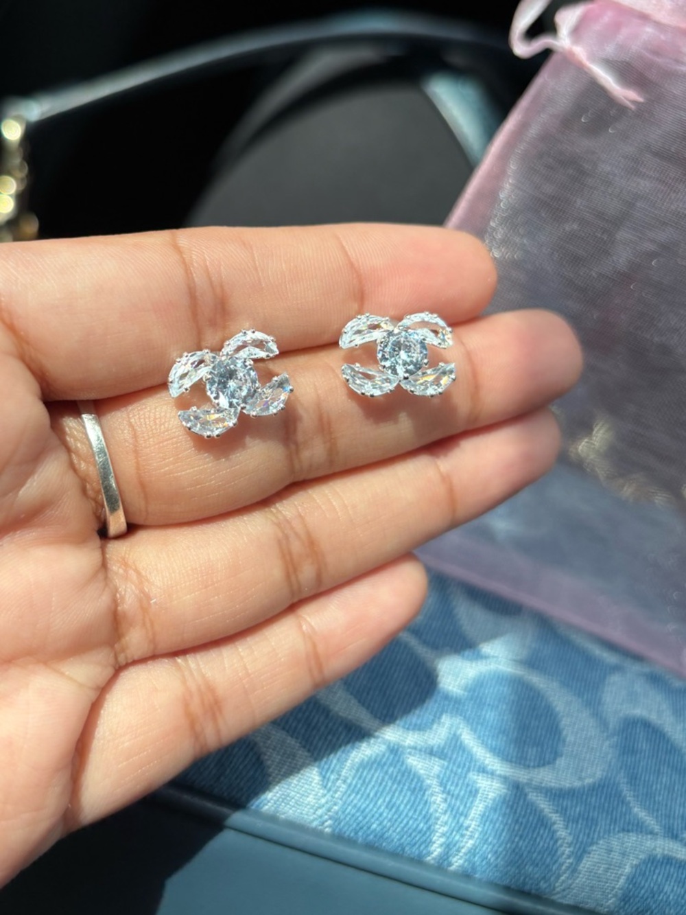 Cubic Zirconia Crystal CC Stud Earrings - Silver Tone New!